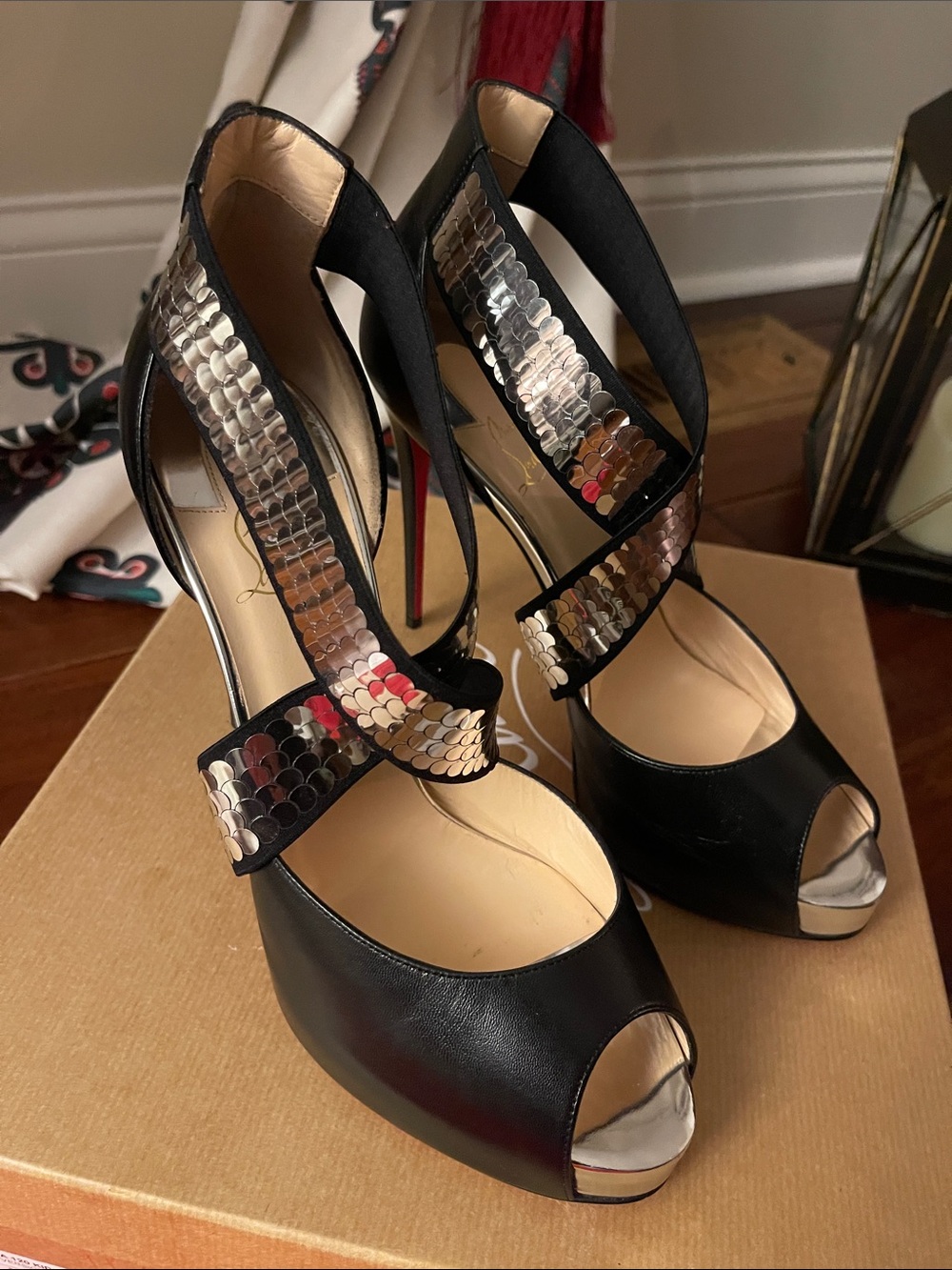 Christian Louboutin Black Peep-Toe Heels with Gold Snake-Print Straps